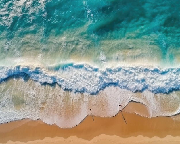 Widok z lotu ptaka na plażę i morze z falami błękitnej wody i falami oceanu jako piękne tło wakacji Generative AI