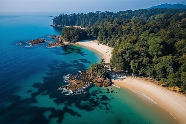 Widok z lotu ptaka na plażę i ocean.