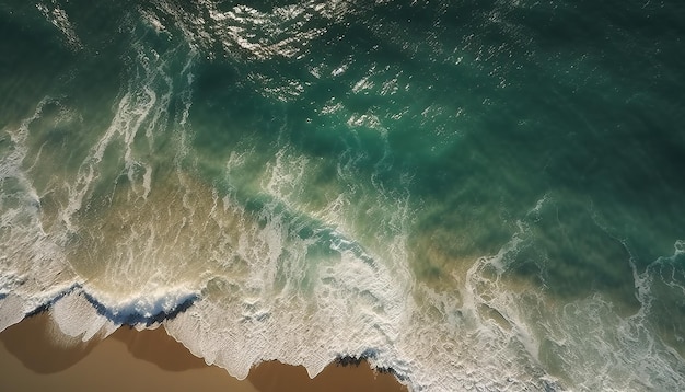 Widok z lotu ptaka na plażę z błękitnym oceanem i białym piaskiem.