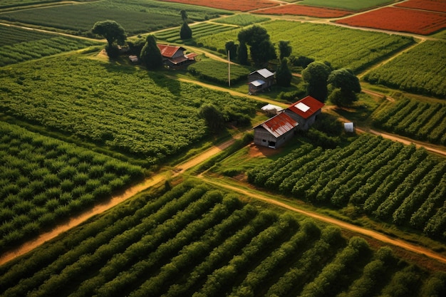 Widok z lotu ptaka na rozległą farmę papryczek chili z schludnymi rzędami roślin