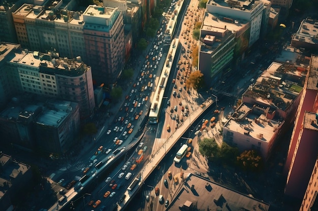 Widok z lotu ptaka na ruchliwą ulicę miasta Generowanie obrazu sztucznej inteligencji