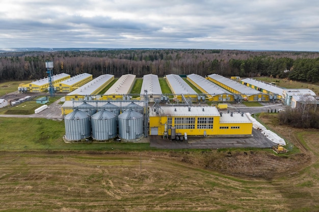 Widok z lotu ptaka na rzędy gospodarstw agro z silosami i kompleksem rolno-przemysłowym