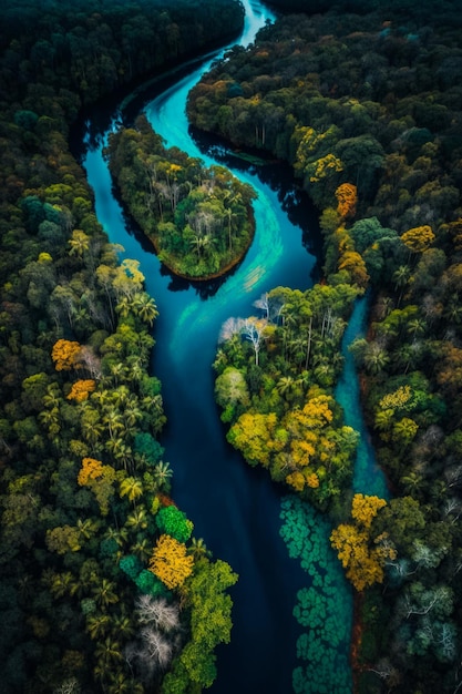 Widok z lotu ptaka na rzekę otoczoną drzewami Generative AI