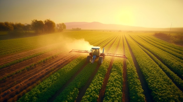 Widok z lotu ptaka na traktor rozpylający pestycydy na zielonej plantacji soi o zachodzie słońca Drone View Generative AI ilustrator