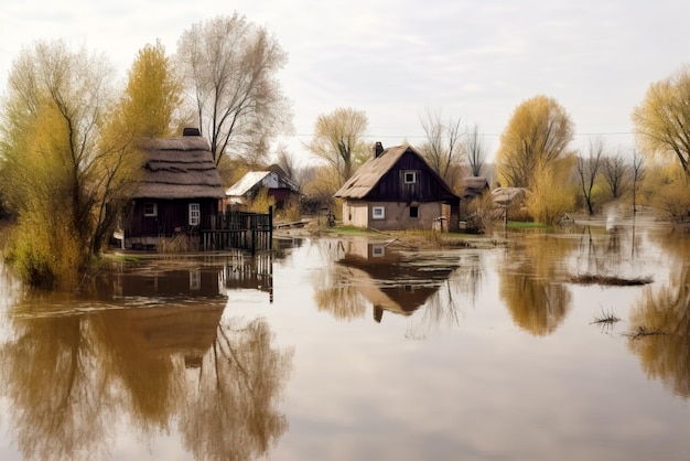 Widok z lotu ptaka na zalaną wioskę jesienią. Zalany dom. Generatywna sztuczna inteligencja