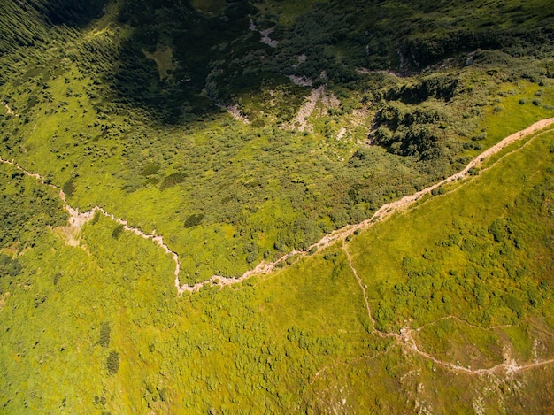 Widok z lotu ptaka na zalesiony krajobraz górski z zielonym grzbietem