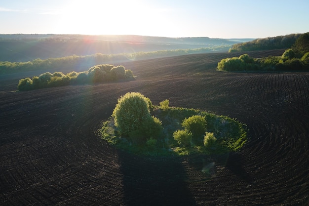 Widok z lotu ptaka na zaorane pola uprawne z żyzną glebą uprawną przygotowaną do sadzenia roślin między zielonymi lasami na wiosnę