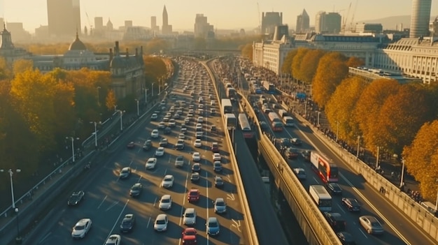 Widok z lotu ptaka na zatłoczoną ulicę London Centre Skyline z Cars Generative AI