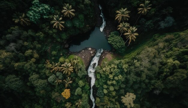 Widok z lotu ptaka na zdrową zieloną górę z wodospadem i powierzchnią rzeki górskiej sztucznej inteligencji