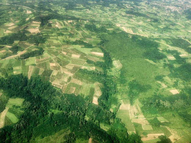 Widok z lotu ptaka na zielone pola, leśne krajobrazy