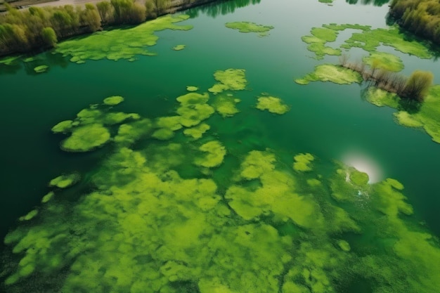 Widok z lotu ptaka niesamowitych kwitnących alg na zielonej rzece koncepcja dnia ziemi