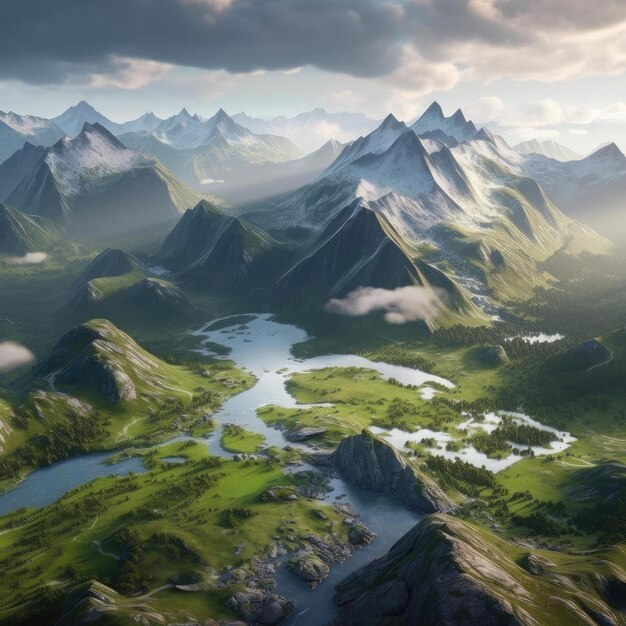 Widok z lotu ptaka pięknego krajobrazu alpejskiego renderowania 3D