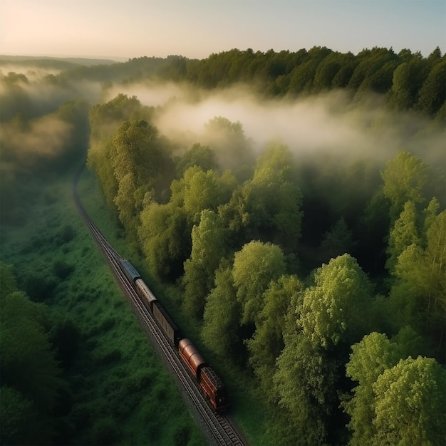Zdjęcie widok z lotu ptaka pociągu towarowego przejeżdżającego przez las o wschodzie słońca generative ai