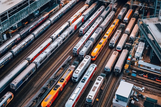 Zdjęcie widok z lotu ptaka pokazuje tętniącą życiem metropolię wypełnioną mnóstwem nowoczesnych pociągów przejeżdżających przez miasto generative ai