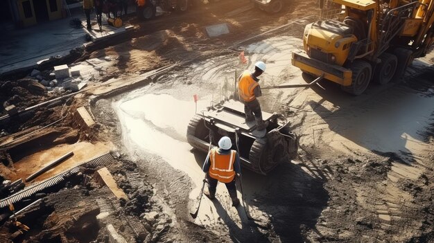 Widok z lotu ptaka pracownik budowlany wylewający betonową drogę na placu budowy