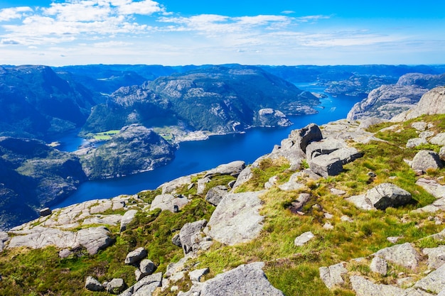 Widok z lotu ptaka Preikestolen lub Prekestolen lub Pulpit Rock, Norwegia