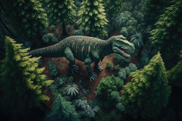 Widok z lotu ptaka tyranozaura wędrującego przez bujny las stworzony za pomocą generatywnej sztucznej inteligencji