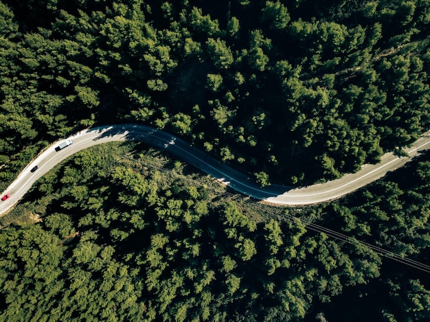 Widok z lotu ptaka z drona drogi krzywej na górze z zielonym lasem w Grecji