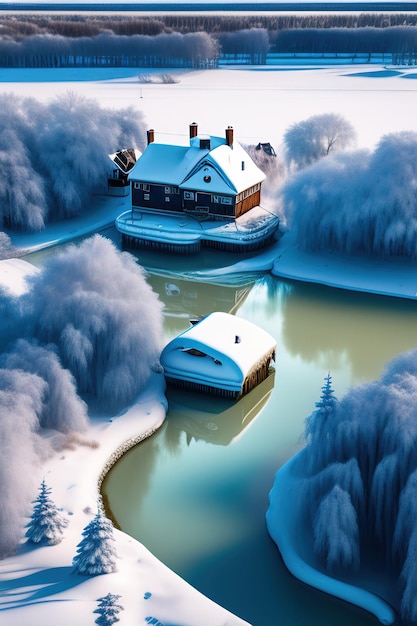 Widok z lotu ptaka z drona na pokryte śniegiem domy obok zamarzniętej rzeki Cyfrowa grafika