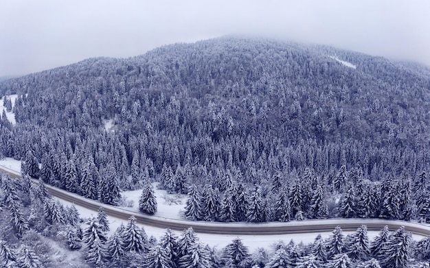 Widok z lotu ptaka zakrzywionej górskiej drogi Widok z lotu ptaka zakrzywionej górskiej drogi w Europie. Zimowy krajobraz górski. Ośnieżone drzewa i zbocza górskie. Widok z drona.Europa.