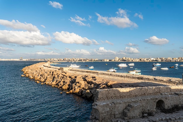 Widok z morza na zabudowę miejską Aleksandria panorama Egipt