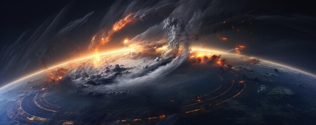 Zdjęcie widok z nieba huraganu i tornada nad ziemią z spadającą panoramą meteorów generative ai