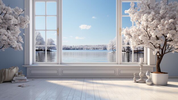 Widok z okna na śnieg z drzewem zimą