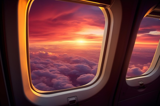 Widok z okna samolotu na chmury z zachodem słońca