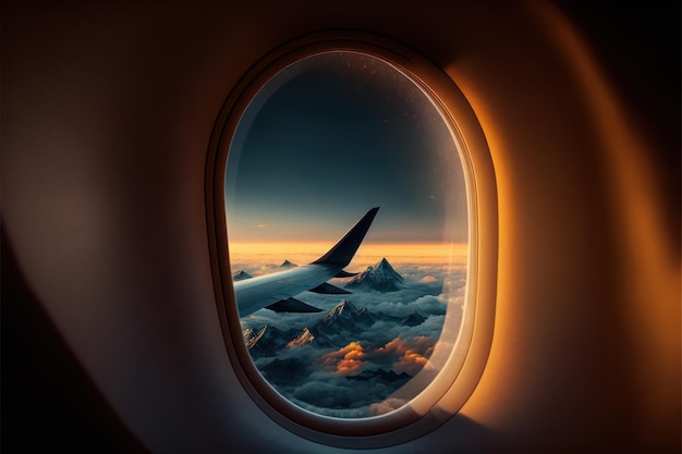 Widok z okna samolotu przelatującego nad chmurami ze świecącym słońcem i żółtawym odbiciem nieba