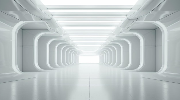 Widok z perspektywy czystego białego futurystycznego korytarza z geometrycznymi kształtami i jasnym oświetleniem