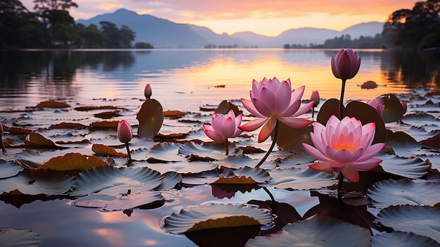 Widok z pięknego jeziora z tysiącami różowych kwiatów lotosu
