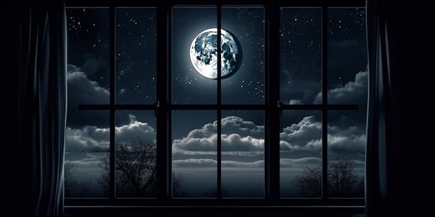 Widok z pokoju z otwartym oknem nocne niebo z księżycem i gwiazdami