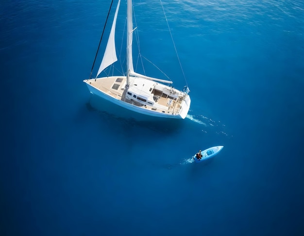 Widok z powietrza białej żaglowej łodzi na czystej niebieskiej wodzie z małą napełnialną łodzią
