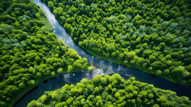 Zdjęcie widok z powietrza bujnego lasu z czystą rzeką biegnącą przez podkreślającą piękno natury