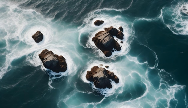 Widok z powietrza ciemno brązowych skał w burzliwej wodzie morskiej