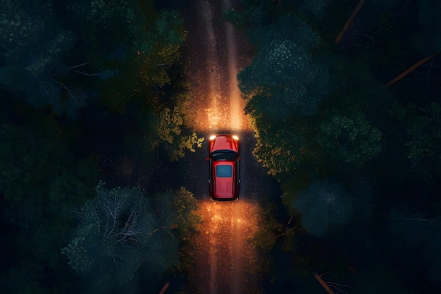 Widok z powietrza czerwonego samochodu na nocnej drodze