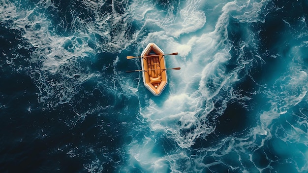 Widok z powietrza drewnianej łodzi na wirujących niebieskich wodach, scena przygodów morskich z bogatymi teksturami odpowiednimi do tapety i tła.