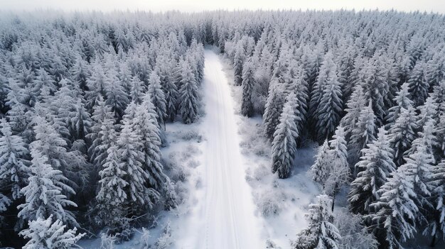 Widok z powietrza drogi w pokrytym drzewami śnieżnym lesie Generative AI