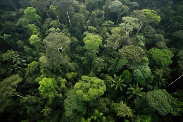 Widok z powietrza gęstego baldachimu lasów deszczowych stworzonego za pomocą generatywnego AI