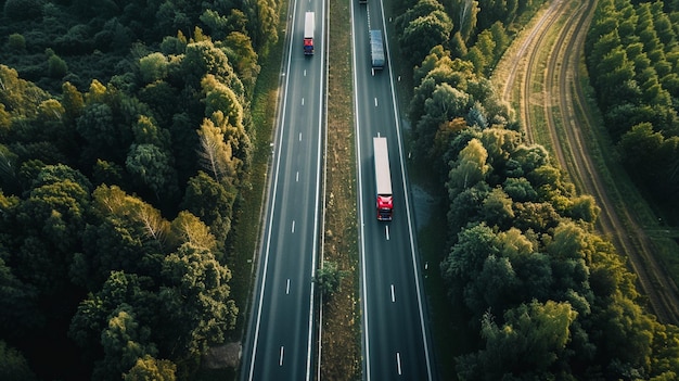 Widok z powietrza konwoju ciężarówek na leśnej autostradzie