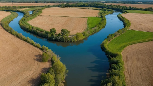 Zdjęcie widok z powietrza kręcącej się rzeki na polach