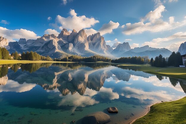 Widok z powietrza Lago Antorno Dolomity Jezioro górski krajobraz z szczytem Alp Misurina Cortina diAmpezzo Włochy Odbicie słynnego Tre Cime di Lavaredo