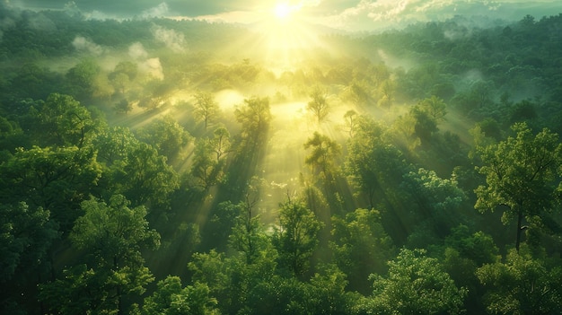 Widok z powietrza mglistego lasu deszczowego o wschodzie słońca z promieniami światła