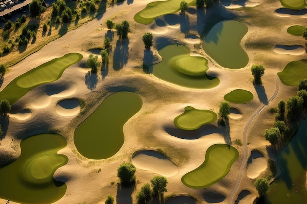 Widok z powietrza na dziewicze pole golfowe z piaszczystymi bunkrami stworzonymi za pomocą generatywnej sztucznej inteligencji