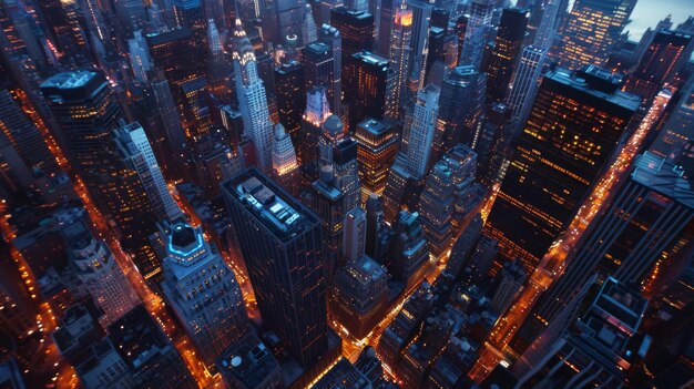 Widok z powietrza na krajobraz miasta w zmierzchu z wysokimi budynkami oświetlonymi niezliczonymi światłami, przedstawiający niesamowity obraz miejskiej wielkości i wyrafinowania
