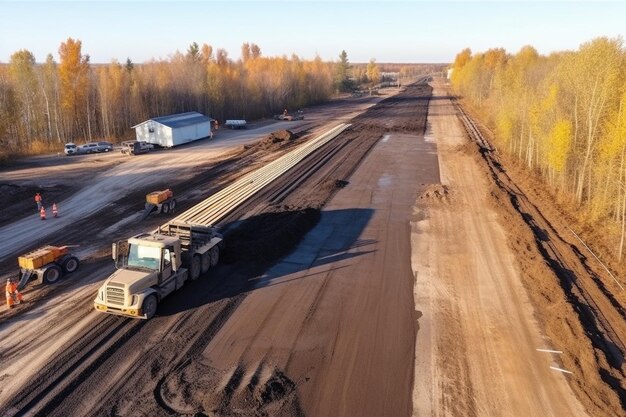 Widok z powietrza na nową asfaltową drogę w budowie