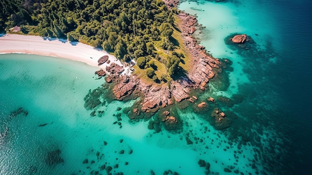 Zdjęcie widok z powietrza na odosobnioną tropikalną plażę wyspa z skalistymi formacjami palmy