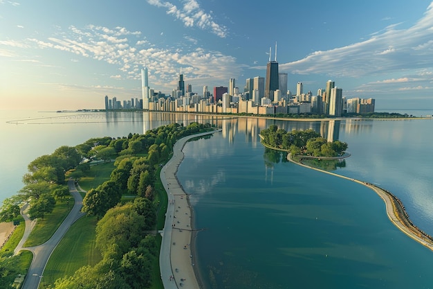 Widok z powietrza na panoramę Chicago i jezioro Michigan