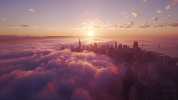 Zdjęcie widok z powietrza na panoramę miasta kąpaną w miękkim świetle świtu, gdy wschodzi słońce