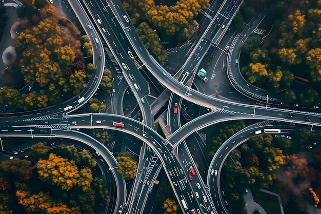 Zdjęcie widok z powietrza na ruchliwe skrzyżowanie autostrady z wieloma pasami ruchu